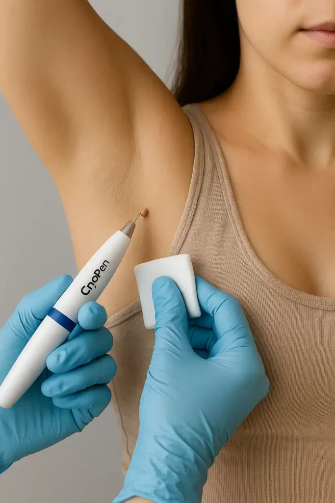 woman having cryopen to remove underarm skin tags Herefordshire