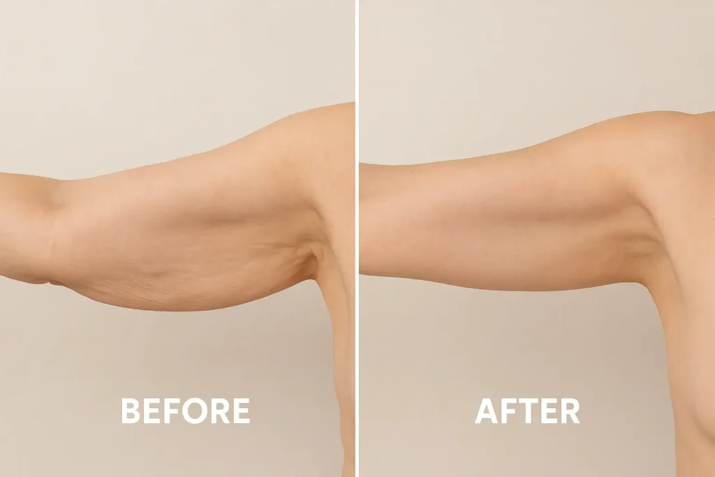 Picture of LA LIPO Herefordshire before and after results of skin tightening treatment on the upper arms.