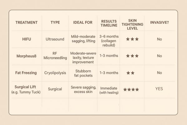 Table showing the comparisons of Skin tightening Herefordshire treatment options. 